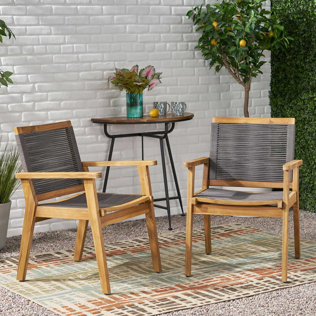 Noble House Mcgill Outdoor Acacia Wood Dining Chair with Rope Seating (Set of 2), Teak and Dark Gray