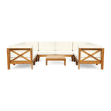 Noble House Brava Outdoor Acacia Wood 8 Seater U-Shaped Sectional Sofa Set with Coffee Table, Teak and Beige