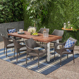 Noble House Espanola Outdoor Wood and Wicker 8 Seater Dining Set, Dark Brown and Multibrown