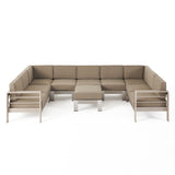 Cape Coral Outdoor Modern 9 Seater Aluminum U-Shaped Sofa Sectional Set with Ottoman, Silver and Khaki Noble House