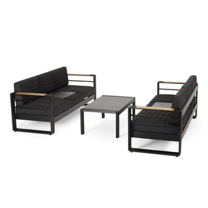 Giovanna Outdoor Aluminum 6 Seater Chat Set with Water Resistant Cushions, Black, Natural, and Dark Gray Noble House