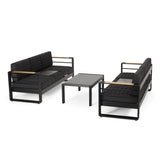 Giovanna Outdoor Aluminum 6 Seater Chat Set with Water Resistant Cushions, Black, Natural, and Dark Gray