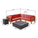 Noble House Malawi Outdoor V-Shaped Sectional Sofa Set with Fire Pit - 7-Piece 5-Seater - Acacia Wood - Outdoor Cushions - Teak with Red and Dark Gray