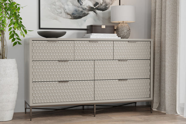 Milo Dresser in Taupe - Contemporary Design with 7 Drawers, Felt Lined, and Textured Pewter Accents