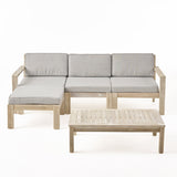 Santa Ana Outdoor 3 Seater Acacia Wood Sofa Sectional with Cushions, Light Gray and Light Gray Noble House