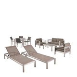 Cape Coral Patio Collection - 4-Seat Dining Set, 3-Piece Conversation Set, 2 Chaise Lounges, Coffee Table - Aluminum - Glass Table Top - Silver, Gray, Khaki Noble House