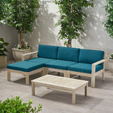 Santa Ana Outdoor 3 Seater Acacia Wood Sofa Sectional with Cushions, Light Gray and Dark Teal Noble House