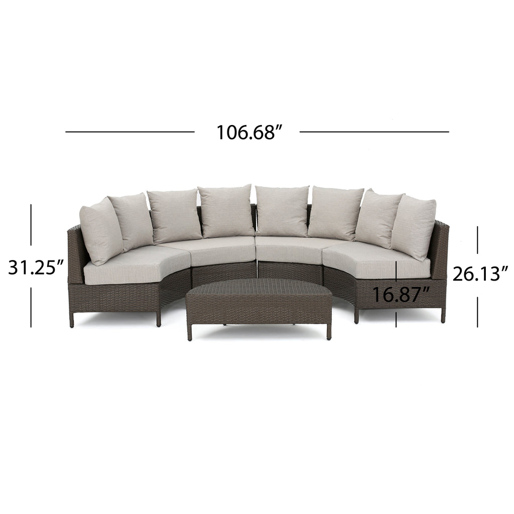 Newton Outdoor 4 Seater Curved Wicker Sectional Sofa Set with Coffee Table, Brown and Ceramic Gray Noble House