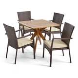 Didicas Outdoor 5 Piece Wood and Wicker Dining Set, Teak and Multi Brown Noble House