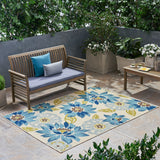 Wildwood Outdoor 5'3" x 7' Floral Area Rug, Ivory and Blue Noble House