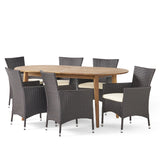 Stamford Outdoor 7-Piece Acacia Wood Dining Set with Wicker Chairs, Teak Finish And Multi Brown and Beige Noble House