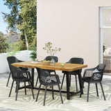 Noble House Dahlia Outdoor Wood and Resin 7 Piece Dining Set, Black and Sandblasted Teak
