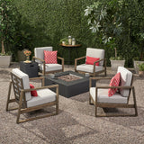 Belgian Outdoor 4 Seater Chat Set with Fire Pit, Gray Finish, Light Gray, and Dark Gray Noble House