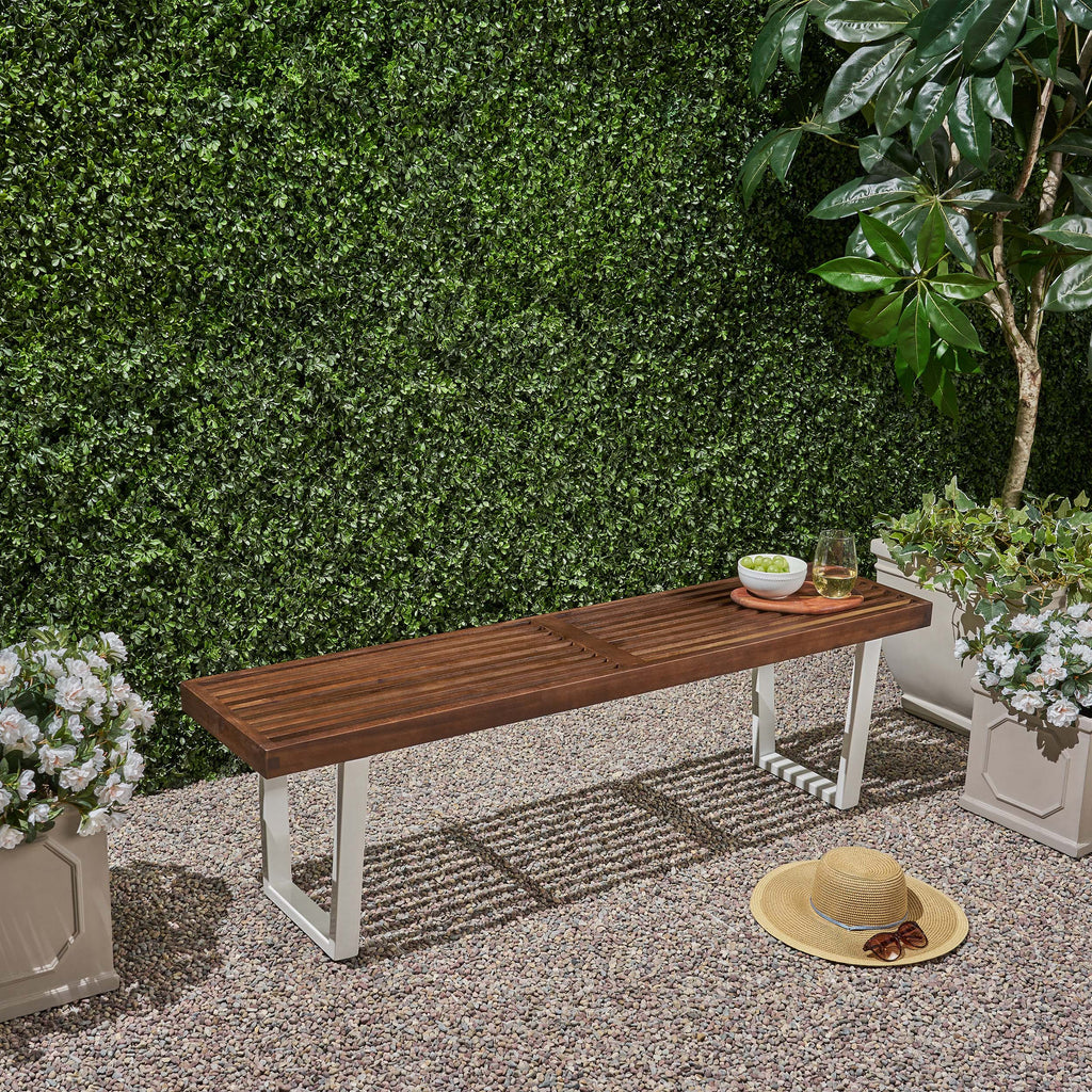 Noble House Fresno Patio Dining Bench, Acacia Wood with Iron Legs, Modern, Contemporary, Dark Brown and White