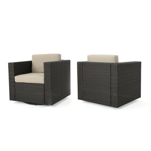 Puerta Outdoor Dark Brown Wicker Swivel Club Chairs with Beige Water Resistant Cushions Noble House