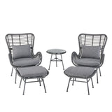 Noble House Montana Outdoor 5 Piece Wicker Chat Set with Ottomans, Gray and Dark Gray