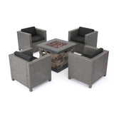 Puerta Outdoor 4 Piece Mixed Black Wicker Club Chair Set with Dark Grey Water Resistant Cushions and Stone Square Firepit Noble House
