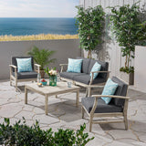 Perla Outdoor 5 Piece Acacia Wood Chat Set, Light Gray and Dark Gray Noble House