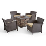 St. Lucia Outdoor 4 Piece Wicker Club Chair Chat Set with Fire Pit, Brown and Tan and Stone Noble House
