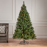 7-foot Mixed Spruce Pre-Lit Clear LED Hinged Artificial Christmas Tree with Frosted Branches, Red Berries, and Frosted Pinecones