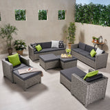 Noble House Puerta Outdoor 8 Seater Wicker Chat Set with Ottomans, Mix Black and Dark Gray