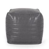 Baddow Contemporary Faux Leather Channel Stitch Cube Pouf, Gray Noble House