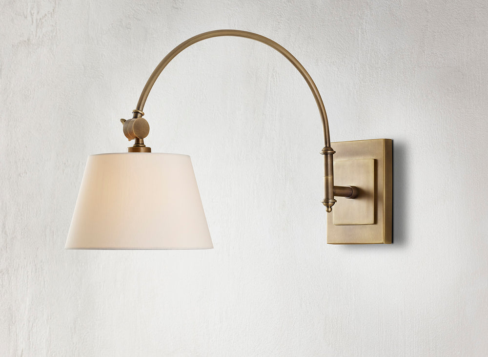 Ashby Antique Brass Swing-Arm Sconce: Classic Reading Lamp with Elegant Fabric Shade & Versatile Style