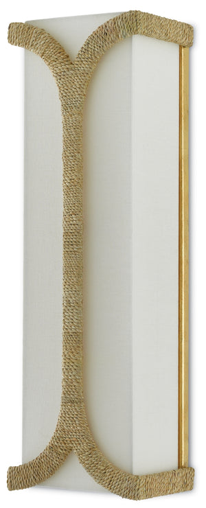 Carthay Wall Sconce - Elegant Curved Design with Abacá Rope, Linen Shade & Dark Gold Leaf Finish