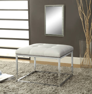 Contemporary White Leatherette Tufted Ottoman with Chrome Frame - Stylish Multi-Functional Bench