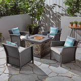St. Lucia Outdoor 4 Piece Wicker Club Chair Chat Set with Fire Pit, Gray and Silver and Stone Noble House