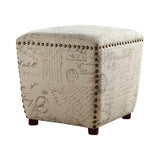 Casual Vintage-Inspired Upholstered Ottoman with French Script Print & Bronze Nailhead Trim