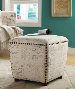 Casual Vintage-Inspired Upholstered Ottoman with French Script Print & Bronze Nailhead Trim