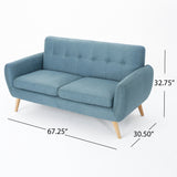 Josephine Mid-Century Modern Tufted Fabric Upholstered Sofa, Blue and Natural Oak