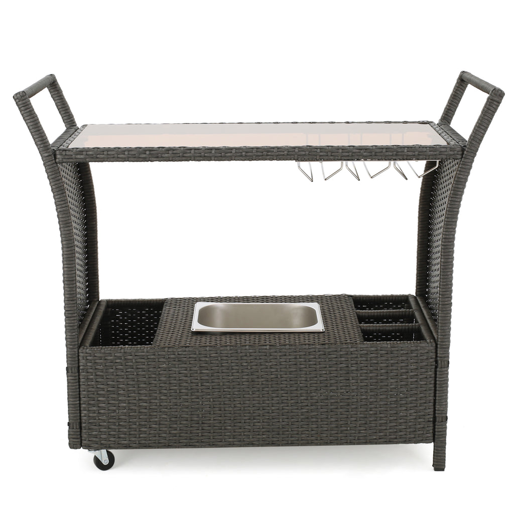 Bahama Outdoor Wicker Bar Cart with Tempered Glass Top, Gray Noble House