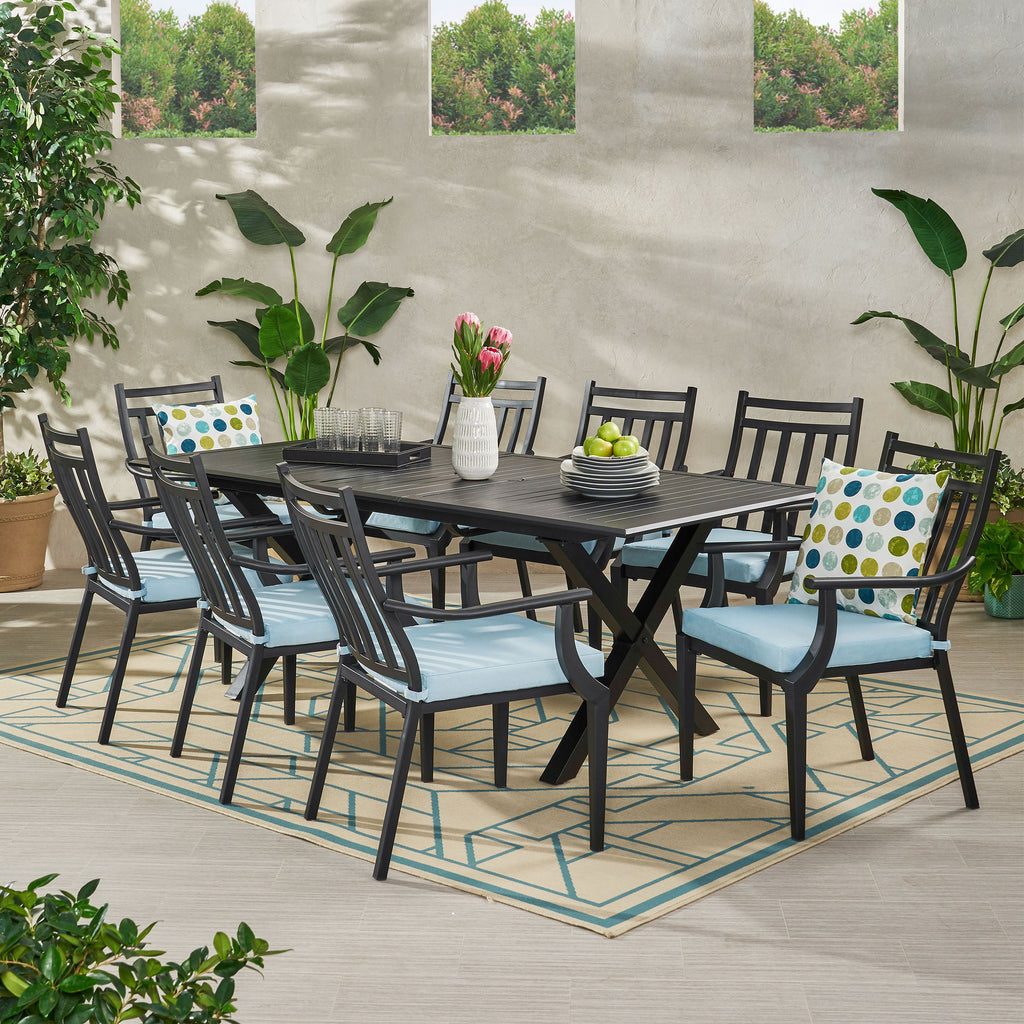 Noble House Delmar Outdoor 9 Piece Dining Set with Expandable Table, Light Teal and Black