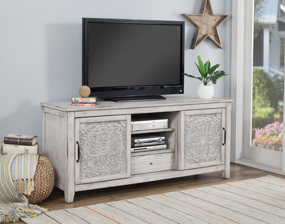 Aria Media Console - Handcrafted Mahogany with Floral Carvings, Weathered White Finish & Storage Solutions