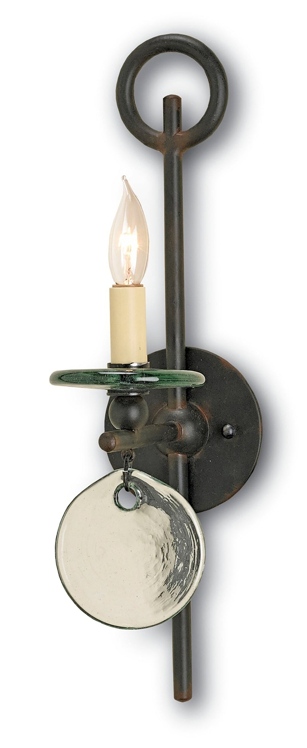 Sethos Black Wall Sconce - Antique Style Wrought Iron Frame with Recycled Glass Disc Accent