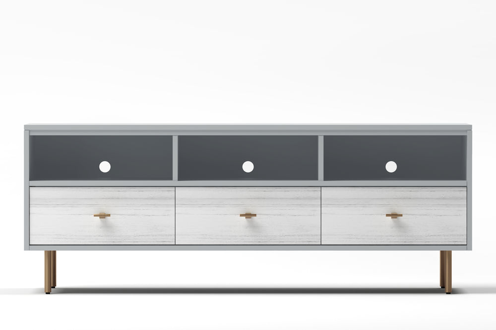 Saige Weathered White TV Console with Felt Lined Drawers & Open Shelves for Stylish Storage