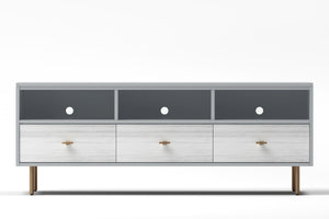 Saige Weathered White TV Console with Felt Lined Drawers & Open Shelves for Stylish Storage