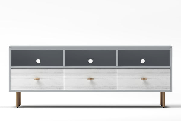 Saige Weathered White TV Console with Felt Lined Drawers & Open Shelves for Stylish Storage