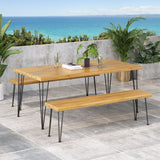 Zion Outdoor Modern Industrial 3 Piece Acacia Wood Picnic Dining Set with Metal Hairpin Legs, Teak and Rustic Metal Noble House