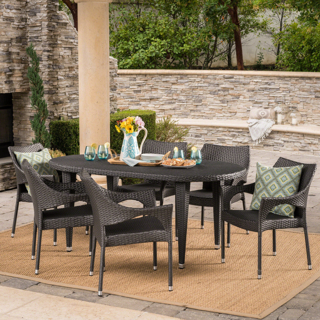 Tinos Outdoor 7 Piece Grey Wicker Oval Dining Set with Stacking Chairs Noble House