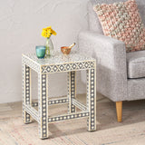 Eutaw Handcrafted Boho Mango Wood End Table, Gray and White Noble House