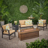 Honolulu Outdoor 4 Seater Wicker Chat Set with Fire Pit, Brown and Tan Noble House