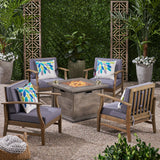 Havana Outdoor 5 Piece Acacia Wood Club Chair and Fire Pit Set, Gray Finish and Gray Noble House