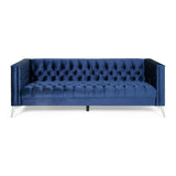 Galvin Contemporary Tufted Velvet 3 Seater Sofa, Midnight Blue and Silver Noble House