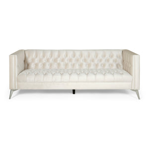 Galvin Contemporary Tufted Velvet 3 Seater Sofa, Beige and Silver Noble House