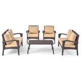 Honolulu Outdoor 6 Seater Wicker Chat Set with Cushions, Brown and Tan Noble House