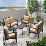 Honolulu Outdoor 6 Seater Wicker Chat Set with Cushions, Brown and Tan Noble House