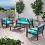 Santa Ana Outdoor 4 Seater Acacia  Wood Chat Set with Cushions, Wire Brushed Dark Gray and Teal Noble House